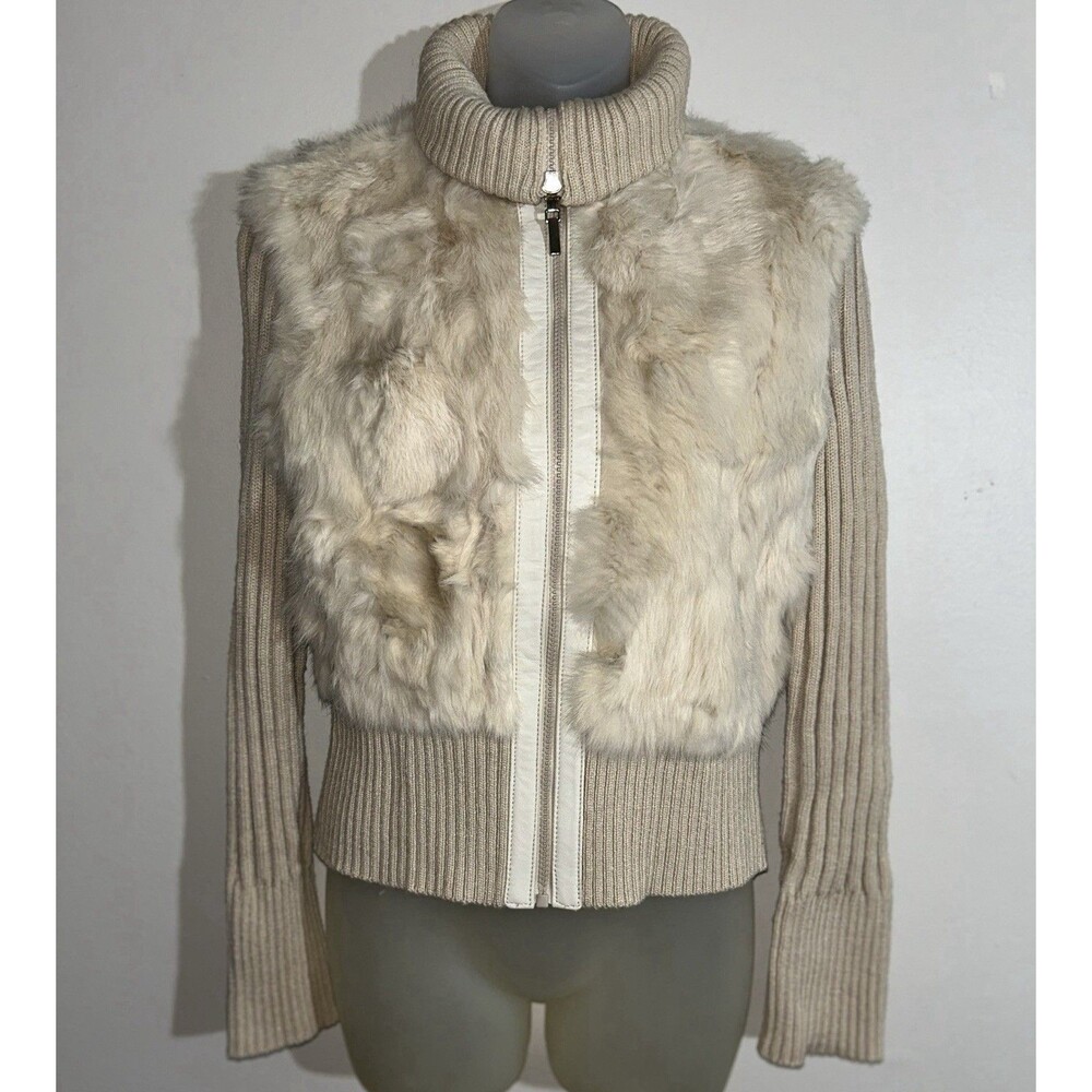 VTG Jennyfer J Y2K Genuine Rabbit Fur Ribbed Knit Cream Sweater Jacket Sz L